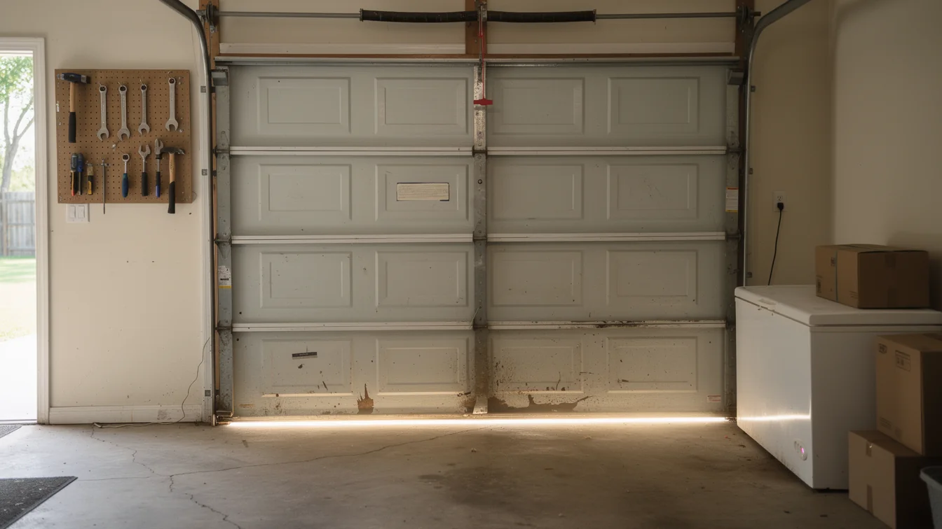 A closed white garage door with a torsion spring and a tool board.