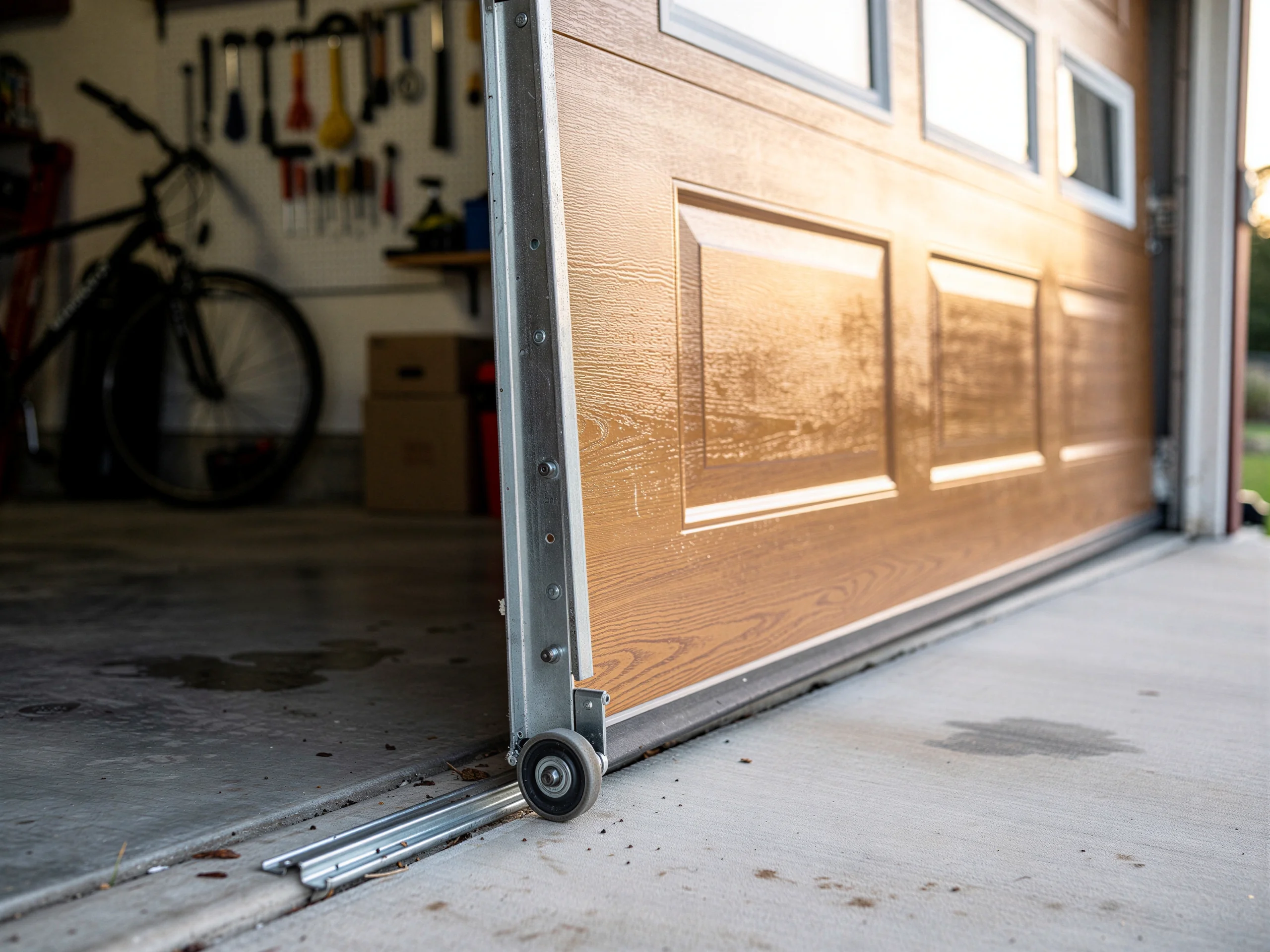 The garage door is partially open with a roller off its track.
