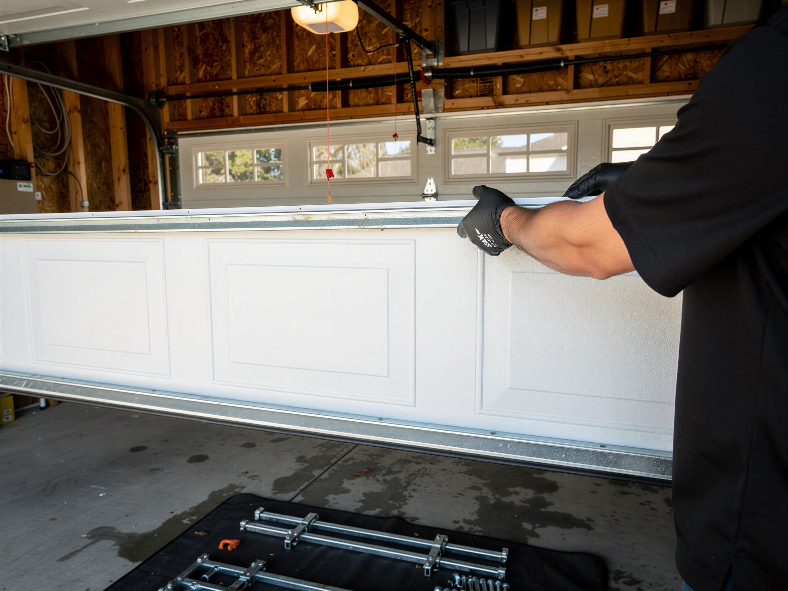A technician in black gloves installs a white garage door panel.