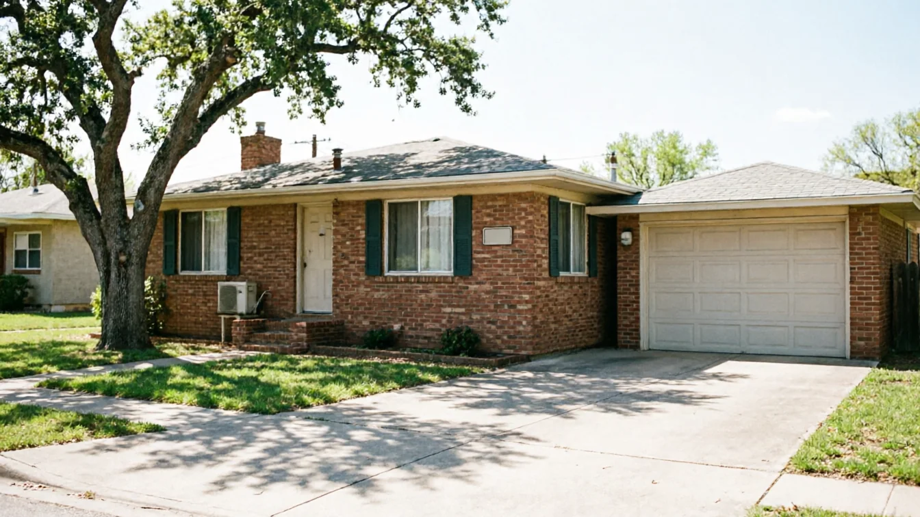 A brick house with a white garage door and a large tree in the front yard.