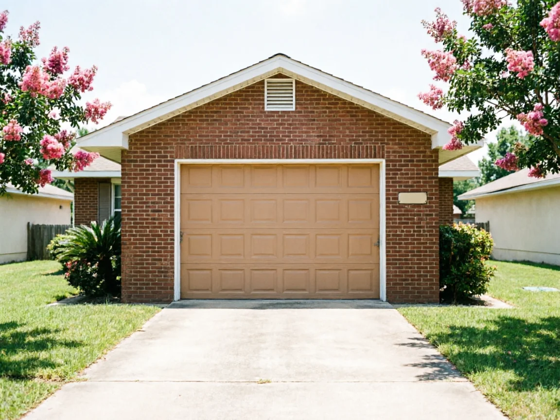 A brown garage door is centered on a brick house with a green lawn.