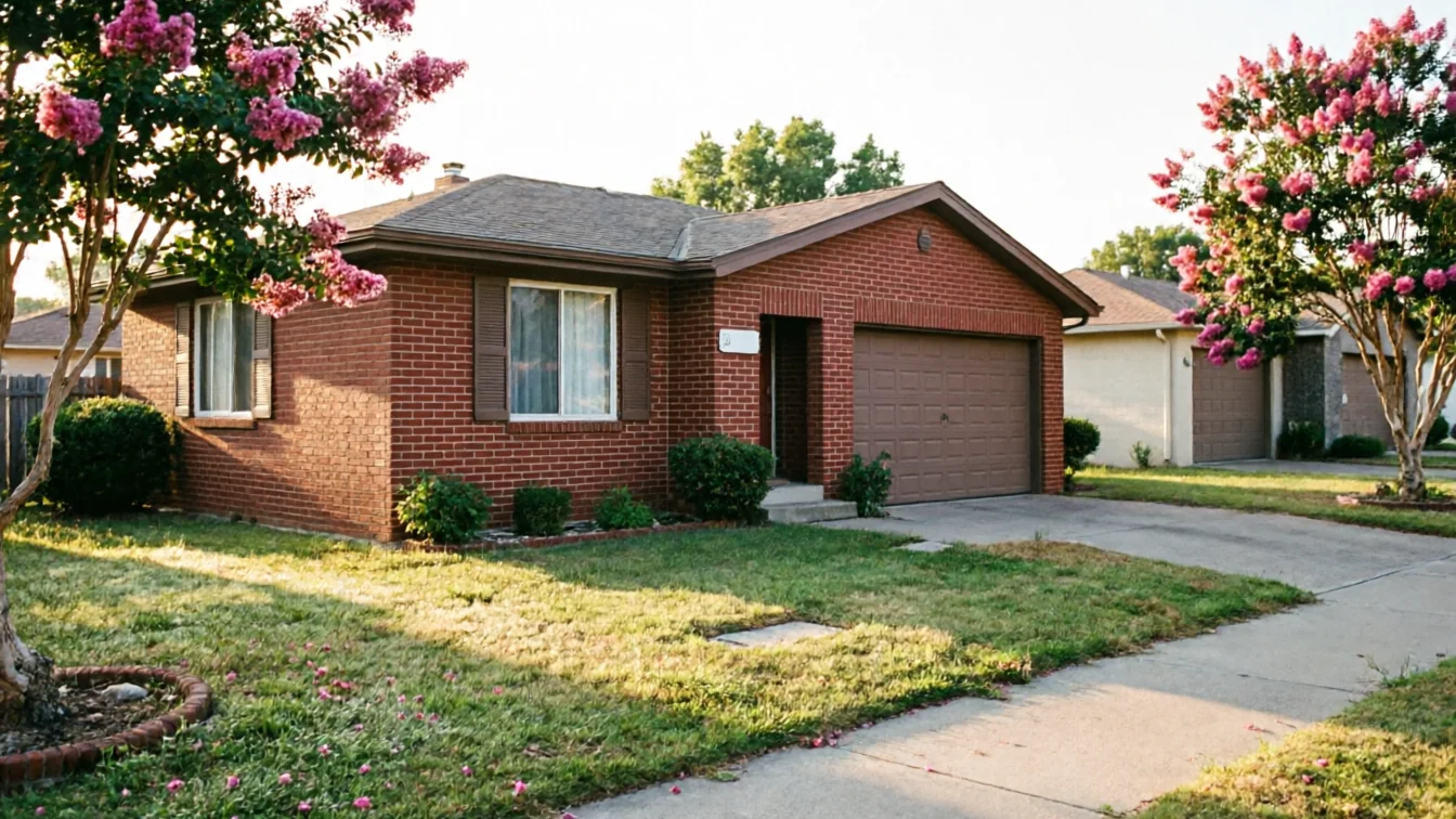 A red brick house with a brown garage door and pink flowering trees.
