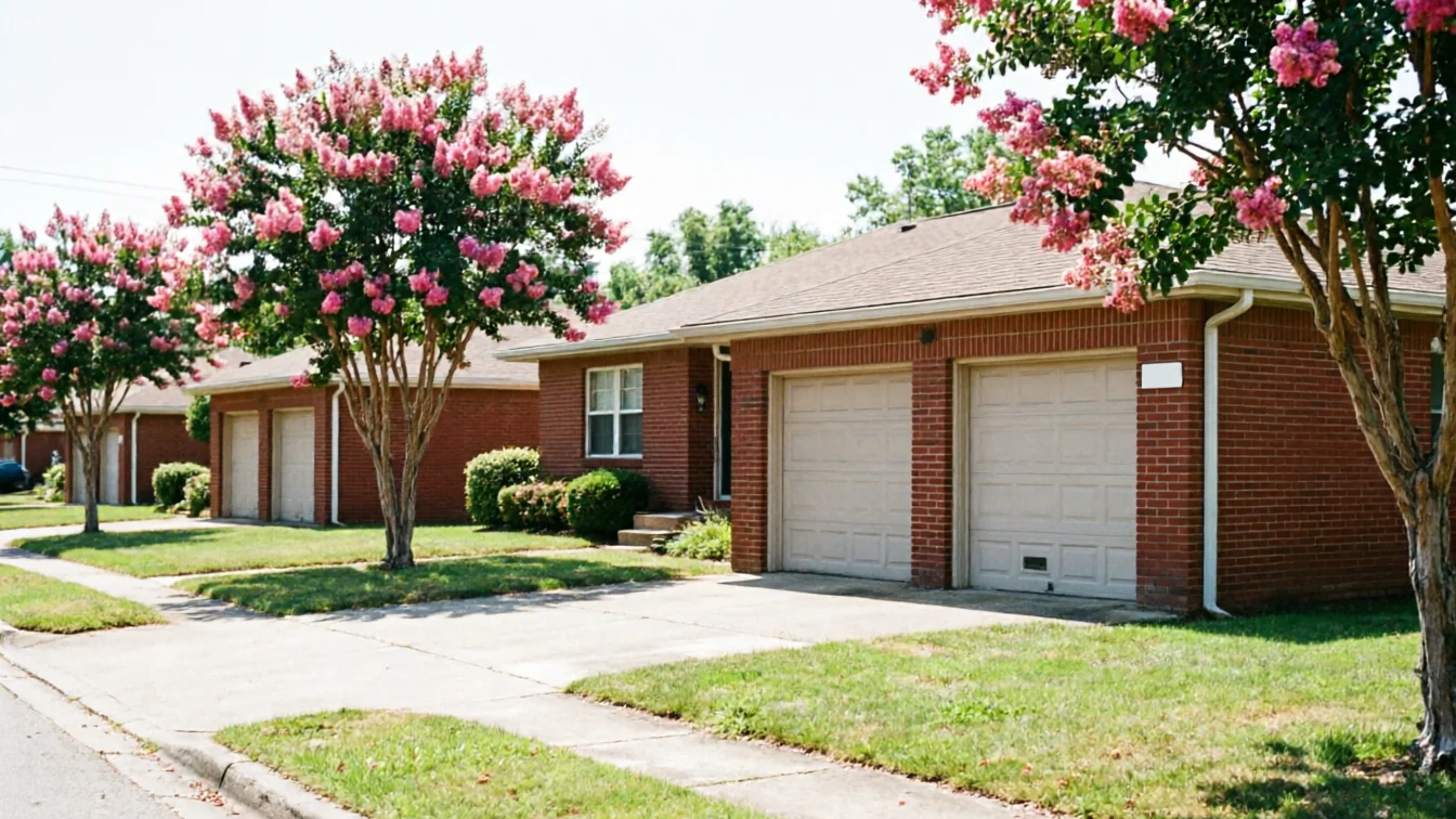 A row of brick houses with beige garage doors and pink flowering trees.