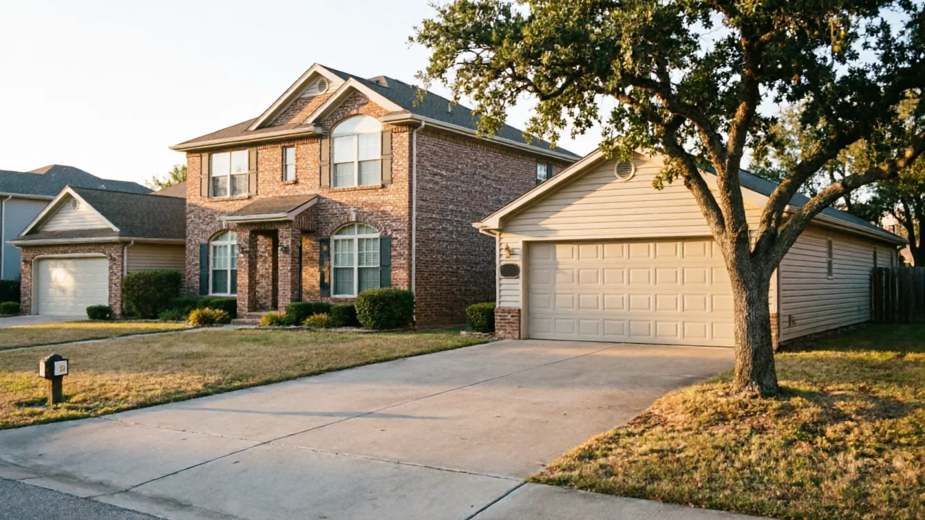A two-story brick house with a detached garage and a light-colored garage door.